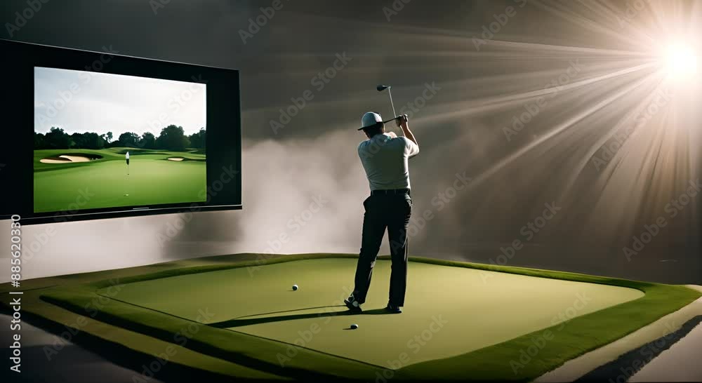 Modern golf simulator with a screen.