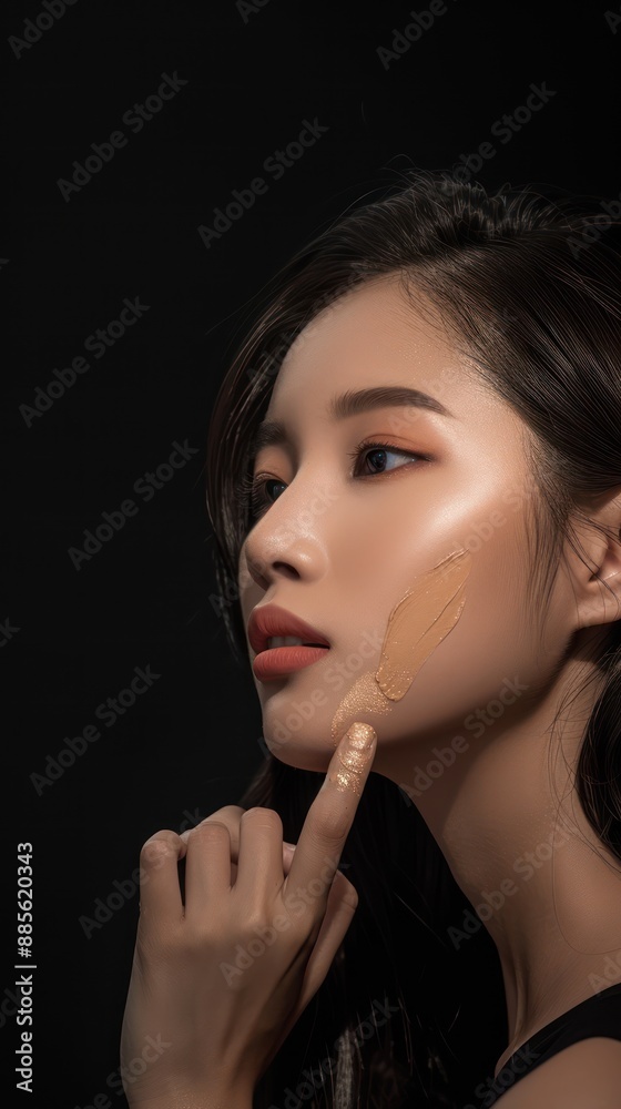 Obraz premium Asian model woman applies foundation with makeup brush on face. Close-up shot of beauty studio promo. Dark background focuses on facial features and hands.