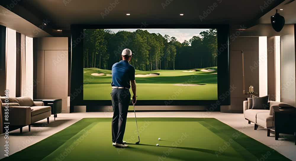 Modern golf simulator with a screen.
