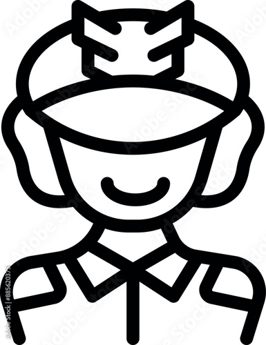 Line icon of a smiling female police officer wearing a patrol cap with a badge