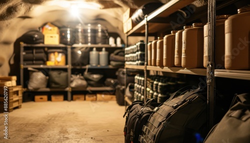 A doomsday prepper organizing supplies inside a heavily fortified underground bunker vault