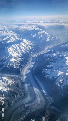 Aerial view of a snow-capped mountain range, glaciers carving paths, deep shadows emphasizing the peaks photo