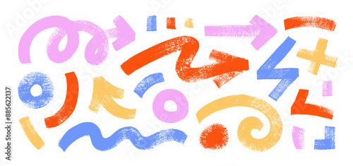 Various brush drawn bold arrows, swirls, circles and curved geometric lines. Naive playful abstract shapes in doodle grunge style. Kid colored vector geometric elements. Shapes for collages.