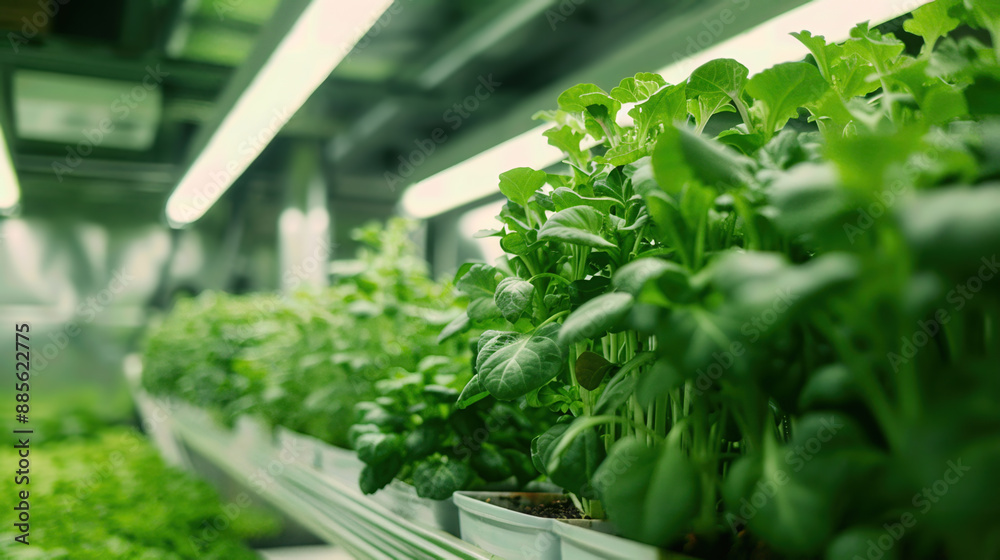 Close-up view of lush green plants growing under LED lights in a modern indoor hydroponic system. Close-up view of lush green plants growing under LED lights in a modern indoor hydroponic system.