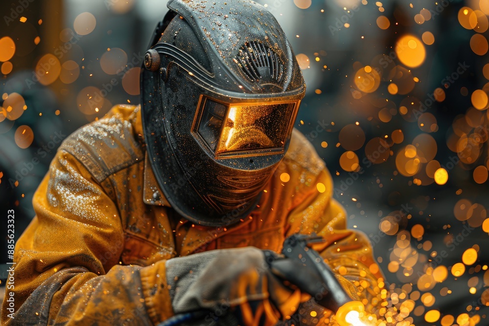 Welders protective gear working steel structure industrial site Welders protective gear working steel structure industrial site