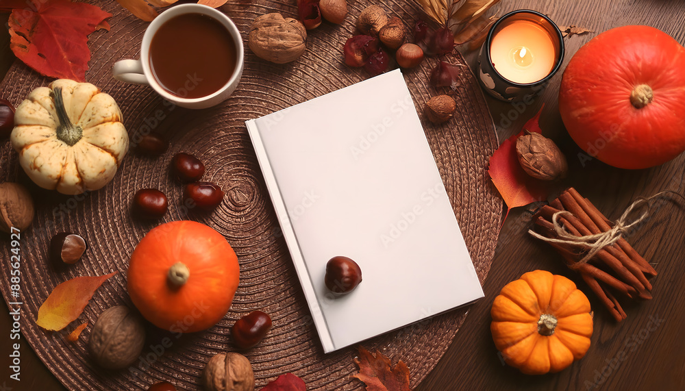 Mock-up of a white magazine cover. Autumn style. Cozy.