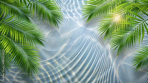 Palm Fronds Over Water With Sun Rays and Ripples. Generative AI