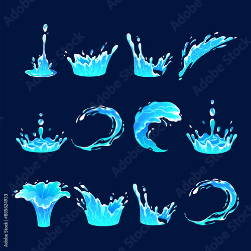 Set of blue water splashes. Water drops collection. Vector illustration