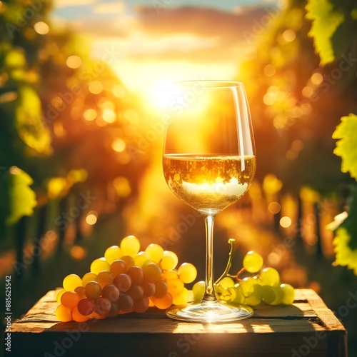A glass of white wine sits on a wooden surface with a bunch of grapes beside it, set against the backdrop of a sunlit vineyard, creating a warm and inviting scene