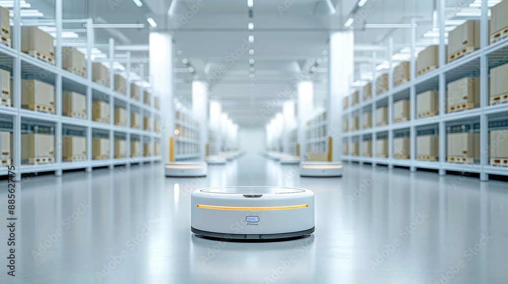 A row of white robots are lined up in a warehouse A row of white robots are lined up in a warehouse