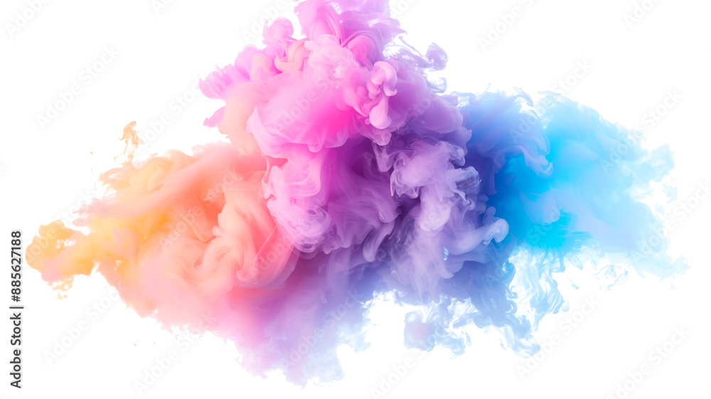 Fototapeta premium Colorful powder explosion cloud, rainbow vibrant color splash, paint holi dust, multicolor particles, isolated transparent background