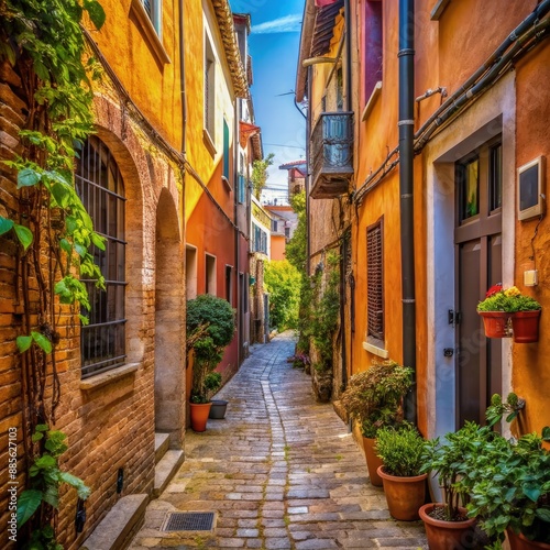 A Narrow, Sunny Alleyway in a European Town During the Day. Generative AI © Irina
