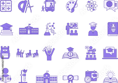 Colored School Icons Set. Vector Icons of Education, Science, Biology, Physics, History, Geometry, Math, Tuition, Diploma, Graduation, Student and Others