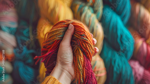 Hand holding vibrant recycled yarn with multicolored skeins photo