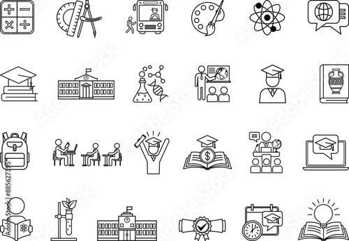 School Icons Set. Vector Icons of Education, Science, Biology, Physics, History, Geometry, Math, Tuition, Diploma, Graduation, Student and Others