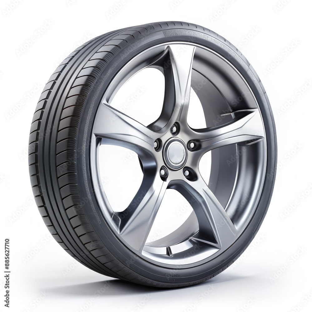 Single Black and Silver Car Wheel on White Background. Generative AI Single Black and Silver Car Wheel on White Background. Generative AI
