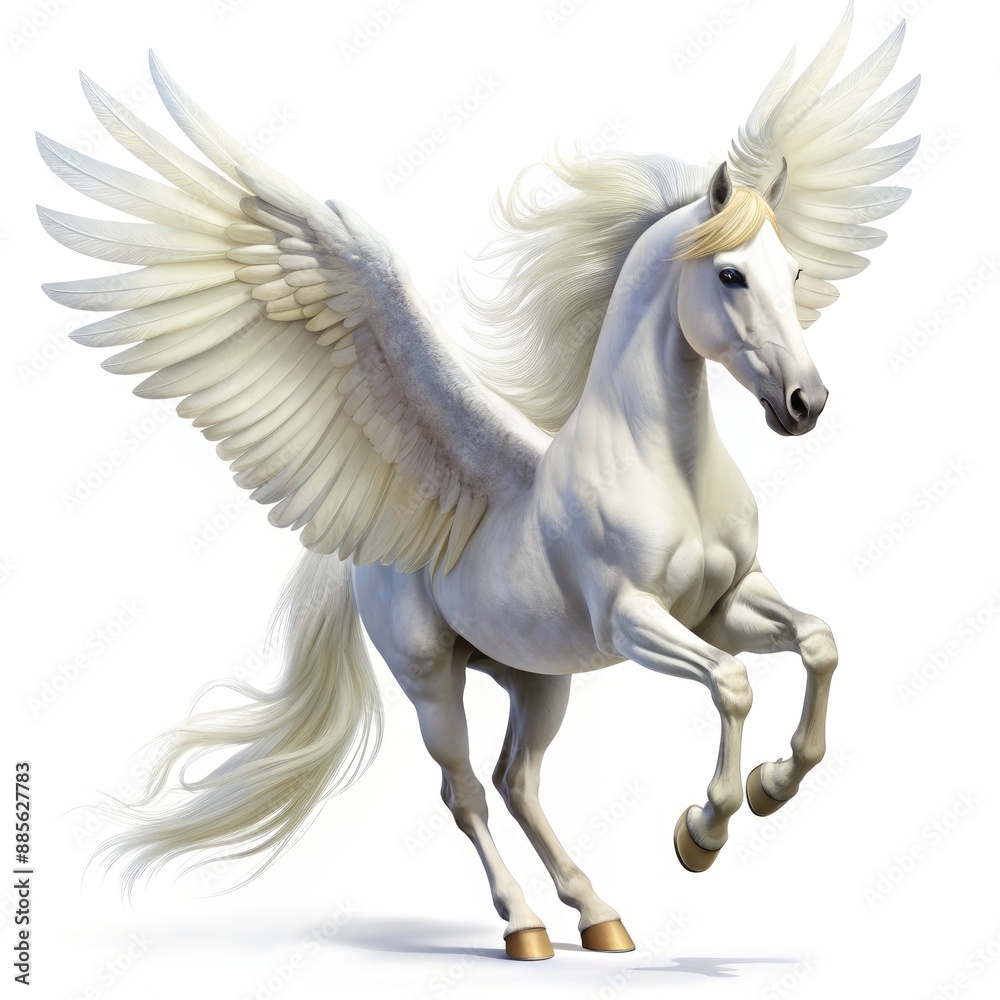 White Winged Horse in Mid-Flight Against White Background. Generative AI White Winged Horse in Mid-Flight Against White Background. Generative AI