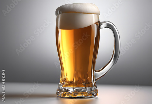 A glass of frothy beer with a handle, filled with golden beer and a thick white foam head, set against a neutral background. Oktoberfest theme.