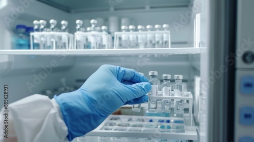 A gloved hand reaches into a laboratory refrigerator to retrieve a vial from a rack photo