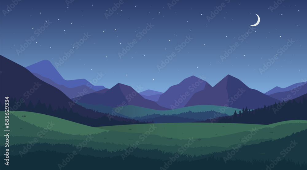 Mountains at night vector illustration. High mountains against the backdrop of a forest and the night sky with stars and a month. Landscape for night design. Mountains at night vector illustration. High mountains against the backdrop of a forest and the night sky with stars and a month. Landscape for night design.
