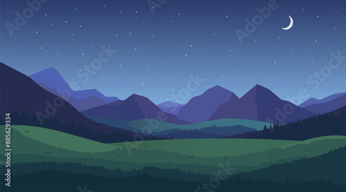 Mountains at night vector illustration. High mountains against the backdrop of a forest and the night sky with stars and a month. Landscape for night design.