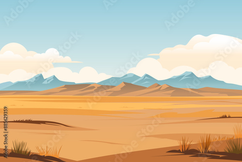 Landscape of steppe mountains. Beautiful vector landscape of mountains in an arid steppe against a blue sky background with amazing clouds.