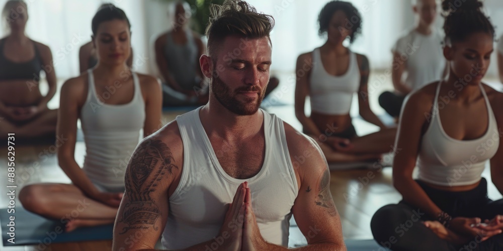 A group of people practicing yoga together on a mat A group of people practicing yoga together on a mat