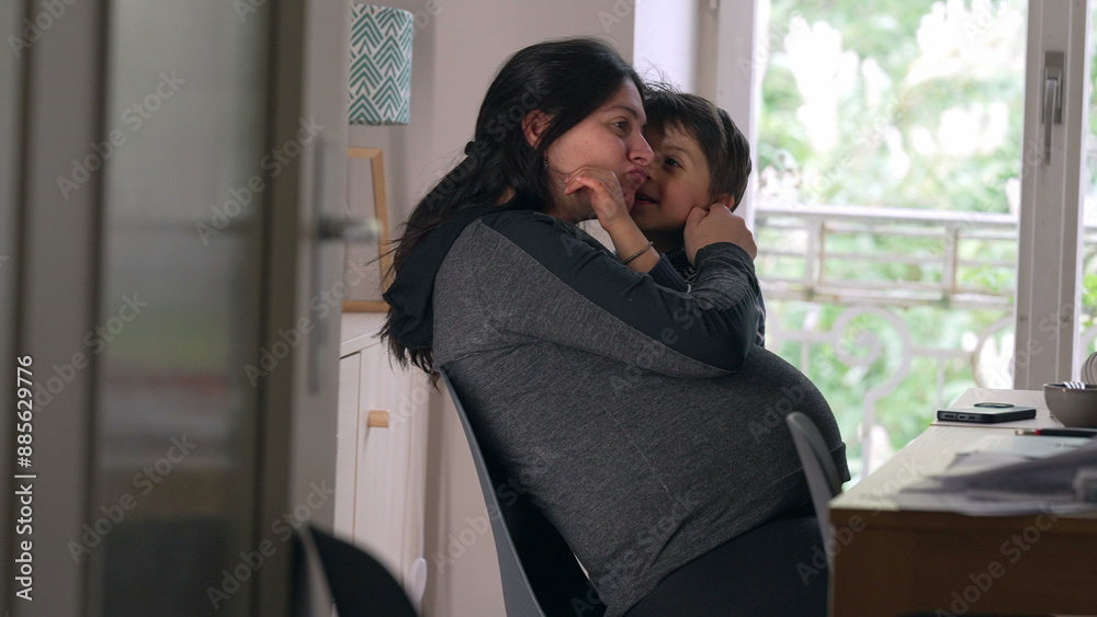 Mother and child embracing with joy, indoor setting, warm and loving interaction, natural light, family bond, happy moment, peaceful home environment, maternal connection, nurturing relationship