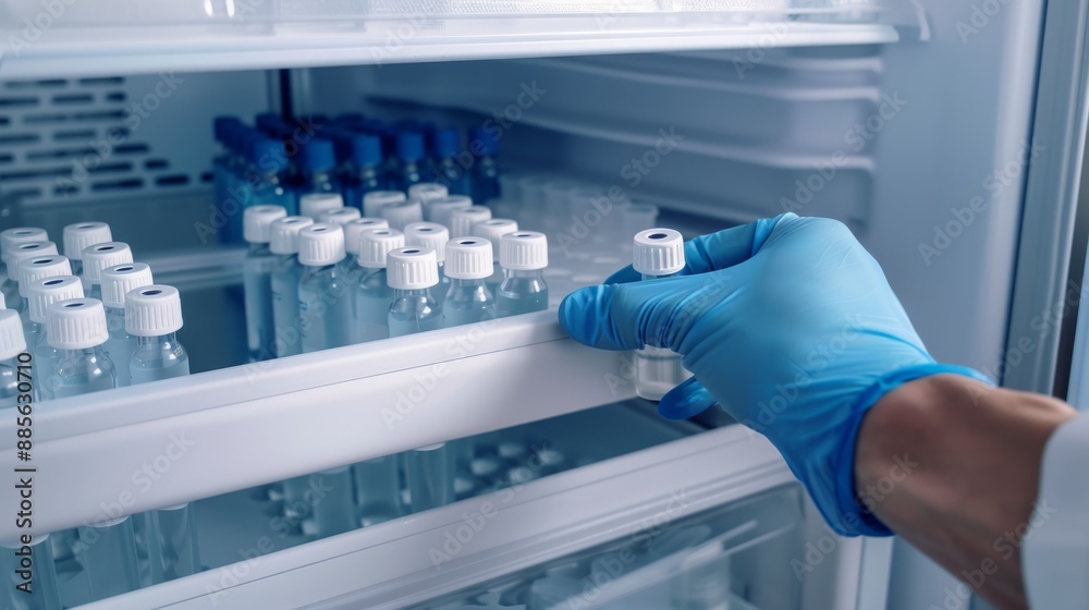 A gloved hand reaches into a laboratory refrigerator to retrieve a sample vial from a shelf filled with others A gloved hand reaches into a laboratory refrigerator to retrieve a sample vial from a shelf filled with others