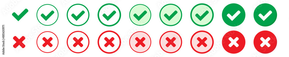 Right or wrong icons. Green tick and red cross checkmarks. Yes or no symbol, approved or rejected icon for user interface. Right or wrong icons. Green tick and red cross checkmarks. Yes or no symbol, approved or rejected icon for user interface.