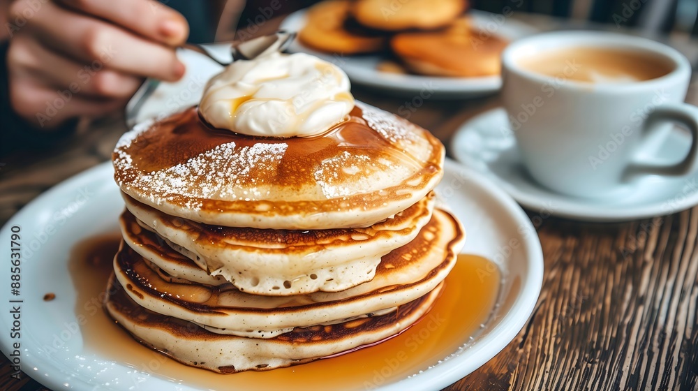 breakfast in a light, modern interior, pancakes, maple syrup breakfast in a light, modern interior, pancakes, maple syrup