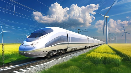 Modern High-Speed Train Traveling Through Rural Landscape With Wind Turbines