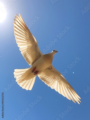 a white dove flying towards the light, clear blue sky, strong light, flash of light, feeling of peace