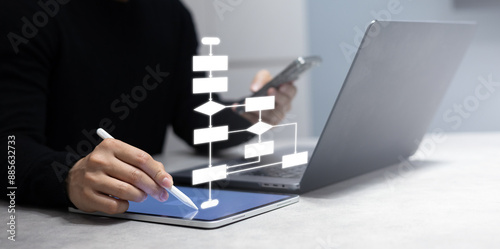 close up business owner hand use stylus pen to write and check about progress or procedure of strategy and resolve with virtual flowchart diagram for business plan and performance concept photo