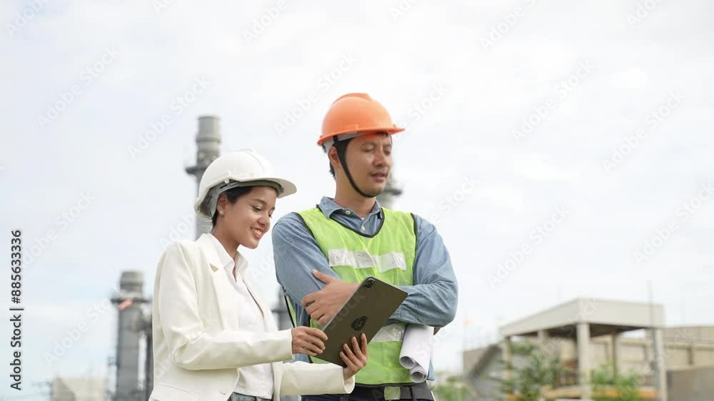Planning engineering and project leader working and check Plans at Industrial Site on power plant. Planning engineering and project leader working and check Plans at Industrial Site on power plant.