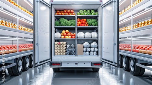 A large white truck is filled with fresh produce, including vegetables