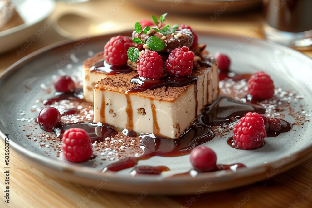 Delicious Cheesecake Dessert With Raspberries and Chocolate Drizzle Delicious Cheesecake Dessert With Raspberries and Chocolate Drizzle