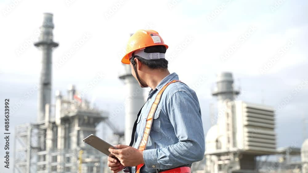 Engineering using digital tablet for working on construction site of the power plant. Engineering using digital tablet for working on construction site of the power plant.