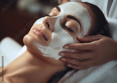 Female client relax with closed eyes, lay on couch at beauty spa salon with white nourishing mask, cosmetologic procedure, skincare concept photo