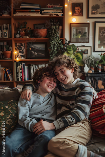 Heartwarming Bond Between Cousins Sharing Laughter in a Cozy Living Room Setting