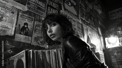 Punk, goth rock girl posing in a dim hallway. Walls covered in band posters, covers, ads. Dressed in a leather jacket and dark make-up. Fashion. Style. Dramatic. Black and white.