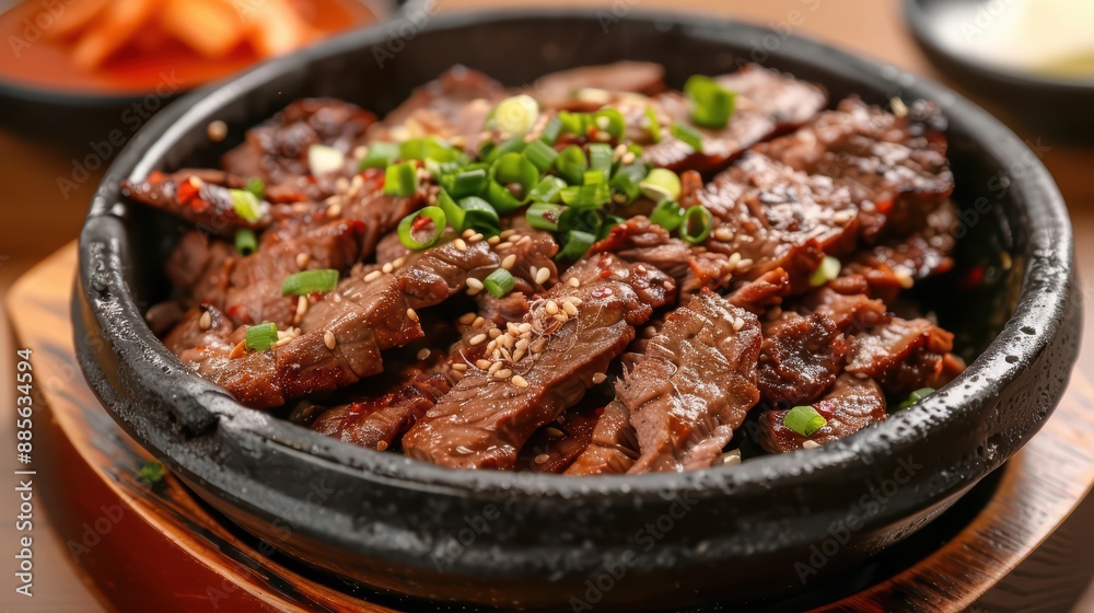 Beef bulgogi consists of marinated beef slices grilled to perfection, offering a rich and flavorful Korean dish Beef bulgogi consists of marinated beef slices grilled to perfection, offering a rich and flavorful Korean dish