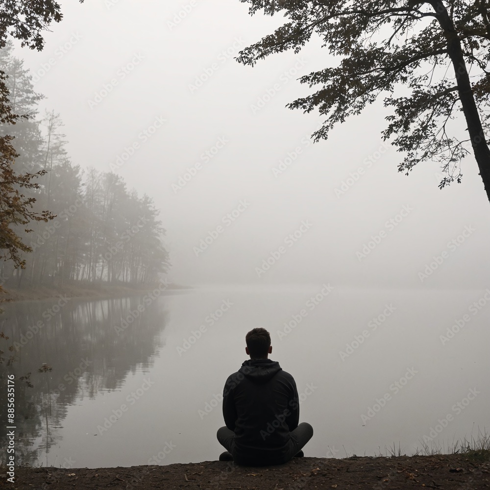 Tranquil Solitude Silhouette of Young Man by Misty Lake Tranquil Solitude Silhouette of Young Man by Misty Lake