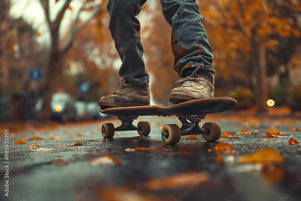 Skateboard ride on autumn street with leaves while wearing jeans and shoes outdoors in the fall Skateboard ride on autumn street with leaves while wearing jeans and shoes outdoors in the fall
