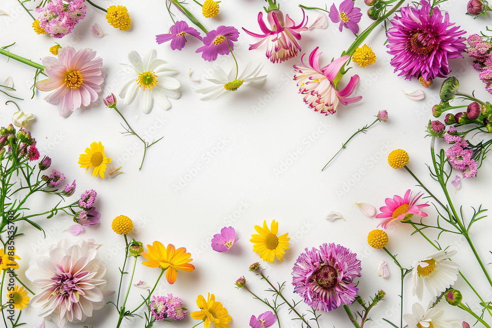 Spring Flowers Arranged in Frame on White Background Spring Flowers Arranged in Frame on White Background