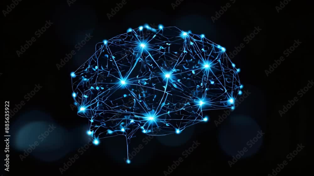 Blue digital brain logo with grid line and ai technology icon rotation ...