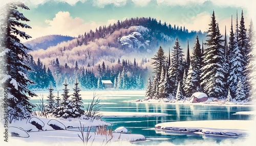 Winter in Algonquin, Ontario, featuring snow-covered forests, frozen lakes and serene mountains