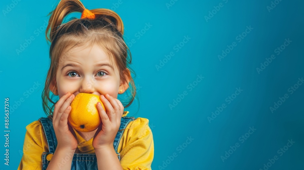 Happy child holding an orange against a vibrant blue background. Cute girl with an orange. Playful studio shot capturing joy and fun. Perfect for children's fashion and healthy lifestyle concepts. AI Happy child holding an orange against a vibrant blue background. Cute girl with an orange. Playful studio shot capturing joy and fun. Perfect for children's fashion and healthy lifestyle concepts. AI