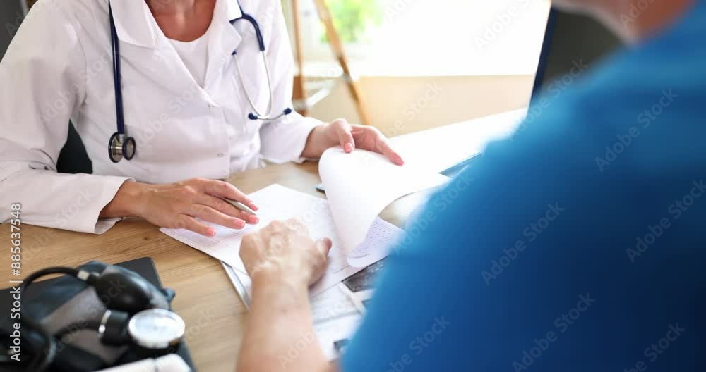 Family doctor with stethoscope talks to male patient checking treatment plan in hospital office. Woman in medical uniform and man sit at table slow motion