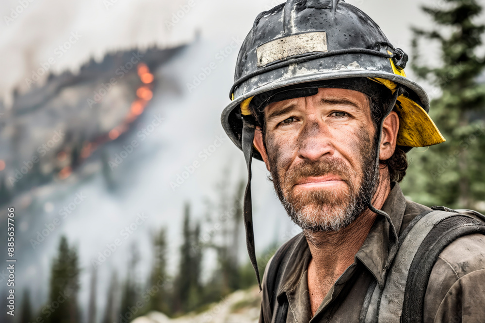Close-up of a firefighter with soot on his face, standing in front of a wildfire Close-up of a firefighter with soot on his face, standing in front of a wildfire